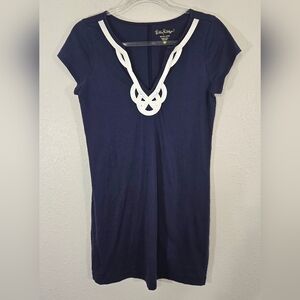 Lilly Pulitzer Brewster Navy Dress w/White V Neck Detailing Vaca Prairie, size M